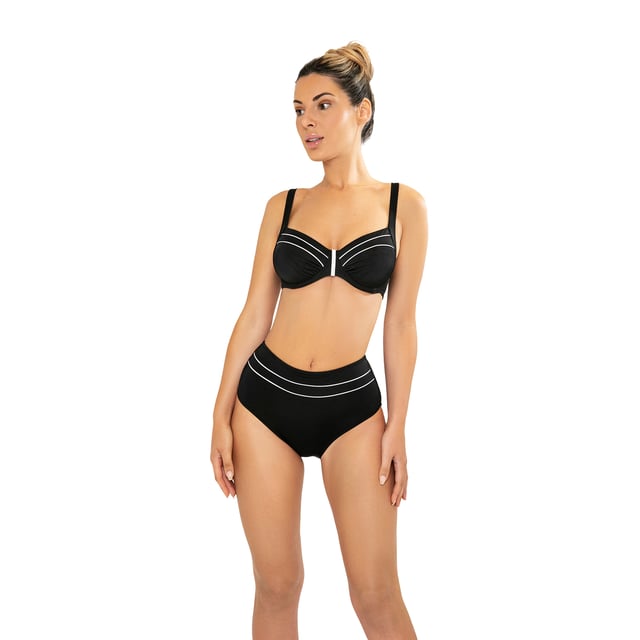 Este conjunto de bikini mujer es una opción ideal para quienes buscan un look veraniego que combine comodidad y estilo. Con su diseño moderno y detalles cuidadosamente elaborados, este traje de baño mujer es perfecto para resaltar tu figura mientras disfrutas de un día de sol y mar.\n\nDetalles:\n\nTop:\n- Tirantes ajustables.\n- Copas con aros y detalles fruncidos.\n- Detalle central.\n- Cierre de clip en metal.\n- Material de secado rápido y resistente al cloro.\n\nBraguita de bikini:\n- Corte de tiro alto.\n- Cintura elástica.\n- Tejido de vanguardia moldeador.\n\nPodemos afirmar con seguridad que los conjuntos de bikini mujer te ofrecerán todo aquello que buscas para disfrutar del verano.\n\nNuestros trajes de baño de dos piezas mujer se adaptan a la perfección a cualquier tipo y tamaño de pecho sin excepción.\n Composición: Exterior: 82% Poliamida, 18% Elastano; Interior 1: 92% Poliéster, 8% Elastano; Interior 2: 73% Poliamida, 27% Elastano; Interior 3: 90% Poliéster, 10% Elastano\n Cuidados:\nLavar a mano.\nUsar jabón neutro.\nNo retorcer ni exprimir.\nSecar al aire libre.