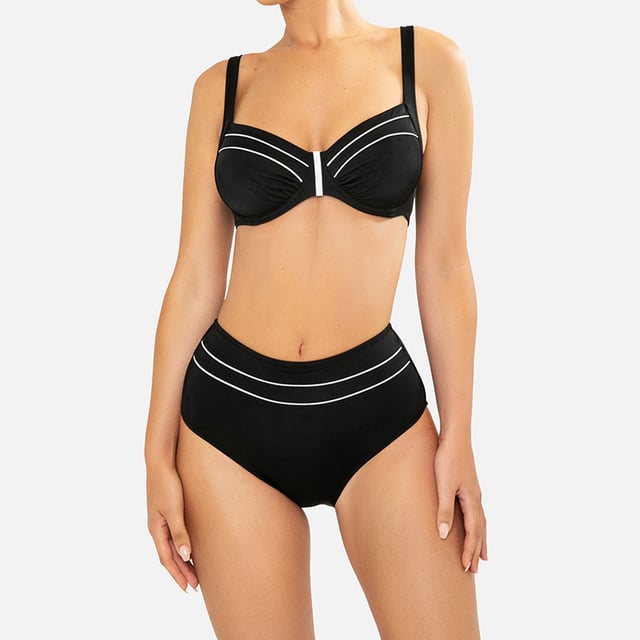Este conjunto de bikini mujer es una opción ideal para quienes buscan un look veraniego que combine comodidad y estilo. Con su diseño moderno y detalles cuidadosamente elaborados, este traje de baño mujer es perfecto para resaltar tu figura mientras disfrutas de un día de sol y mar.\n\nDetalles:\n\nTop:\n- Tirantes ajustables.\n- Copas con aros y detalles fruncidos.\n- Detalle central.\n- Cierre de clip en metal.\n- Material de secado rápido y resistente al cloro.\n\nBraguita de bikini:\n- Corte de tiro alto.\n- Cintura elástica.\n- Tejido de vanguardia moldeador.\n\nPodemos afirmar con seguridad que los conjuntos de bikini mujer te ofrecerán todo aquello que buscas para disfrutar del verano.\n\nNuestros trajes de baño de dos piezas mujer se adaptan a la perfección a cualquier tipo y tamaño de pecho sin excepción.\n Composición: Exterior: 82% Poliamida, 18% Elastano; Interior 1: 92% Poliéster, 8% Elastano; Interior 2: 73% Poliamida, 27% Elastano; Interior 3: 90% Poliéster, 10% Elastano\n Cuidados:\nLavar a mano.\nUsar jabón neutro.\nNo retorcer ni exprimir.\nSecar al aire libre.