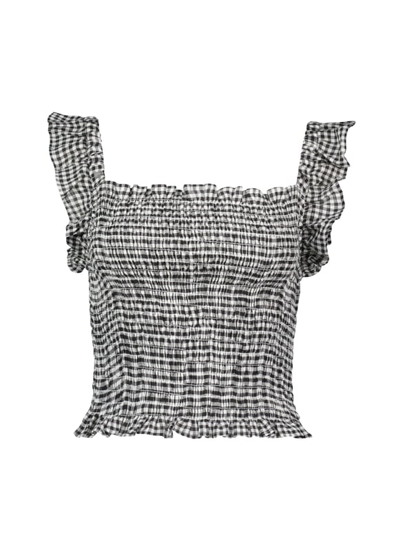 Description\nWe designed this neat-fitting top to go with all manner of summer separates, like white jeans and denim shorts. Fully smocked around the bodice, it hugs the body and is topped with pretty, ruffled straps and a square neckline. So versatile, you could dress it up for evening cocktails with black trousers and hoop earrings.\n\nMade in Europe\nCrafted in yarn-dyed linen\nSimply pulls on\nShort and neat fit\n\n\nSustainable Attributes:\n Low Water Use Natural fibres Ethically made   Vegan  \nDetails\nModel is 5'10 (177cm) and is wearing a UK 10100% Linen Delicate Machine Wash - 30°Product code: TP40701-BWG Back shoulder at neck to hem - 45cm (17 3/4))