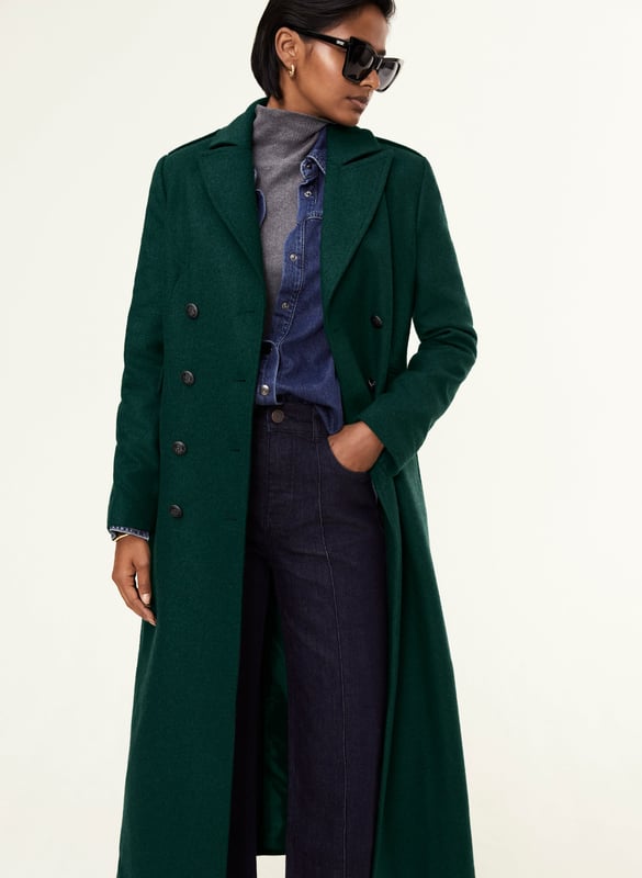 Description\nA beautifully-cut coat will elevate any outfit. Inge is one of our most sophisticated styles, with military-inspired epaulettes and naval-style buttons. Devastatingly elegant, it is made from a recycled wool blend and cut for a longer length to keep you wrapped up in style. Enjoy year after year!\nOur recycled wool blends may have small imperfections as a result of the recycling process, this means every piece is a little bit unique.\n\nCrafted in a recycled wool blend\nFully lined\nFlap pockets accessed from the sides\nLong length\nTailored fit\n\n\nSustainable Attributes:\n Made in Europe  Low impact  Low Water Use  Mulesing free    Recycled Fibres  Ethically made   Low Carbon \n\nDetails\nModel is 5'10 (177cm) and is wearing a UK 1055% Recycled Wool, 30% Recycled Polyester, 10% Recycled Acrylic, 5% OFDry Clean OnlyProduct code: OT40079-PNG Back shoulder at neck to hem - 120cm (47 1/4) Sleeve length - 61cm (24)