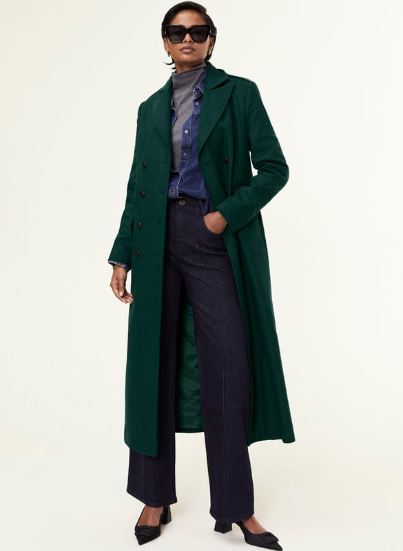 Description\nA beautifully-cut coat will elevate any outfit. Inge is one of our most sophisticated styles, with military-inspired epaulettes and naval-style buttons. Devastatingly elegant, it is made from a recycled wool blend and cut for a longer length to keep you wrapped up in style. Enjoy year after year!\nOur recycled wool blends may have small imperfections as a result of the recycling process, this means every piece is a little bit unique.\n\nCrafted in a recycled wool blend\nFully lined\nFlap pockets accessed from the sides\nLong length\nTailored fit\n\n\nSustainable Attributes:\n Made in Europe  Low impact  Low Water Use  Mulesing free    Recycled Fibres  Ethically made   Low Carbon \n\nDetails\nModel is 5'10 (177cm) and is wearing a UK 1055% Recycled Wool, 30% Recycled Polyester, 10% Recycled Acrylic, 5% OFDry Clean OnlyProduct code: OT40079-PNG Back shoulder at neck to hem - 120cm (47 1/4) Sleeve length - 61cm (24)