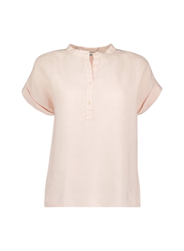 Description\nOn warm days where you’re seeking something a little different from a blouse or tee, reach for Alexia. This effortless style comes in a relaxed, boxy silhouette and grown-on sleeves. In a pretty shade of powder pink, it works with both tailored navy trousers and crisp white jeans. In breathable linen, it’ll keep you looking - and feeling - cool.  \n\nMade in Europe\nCrafted from pure flax linen \nHalf button fastening \nSimply pulls on \nStand collar\n\n\nSustainable Attributes:\n  Low Water Use   Natural fibres    Ethically made    Vegan \n\nDetails\n100% Linen Delicate Machine Wash - 30°Product code: SH40235-PPKBack shoulder at neck to hem - 60cm (23 5/8)