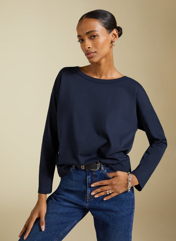 Description\nFits true to size, however if you are inbetween sizes, we suggest you size down.\nMore substantial than a tee yet lighter than a sweatshirt, the Montrose Organic Top is a casual staple! This relaxed style is cut with a wide boat neck and dropped shoulders, creating a cool twist on a long-sleeve layer. It’s crafted from a premium, heavyweight blend of recycled and organic cotton jersey, boosting its eco credentials. Tucked into jeans with a shacket or a blazer thrown over the top, it’s off-duty dressing sorted.\n\nMade in Europe\nCrafted in organic and recycled cotton blend premium jersey\nRelaxed fit\nSimple pulls on\nContemporary classic\n\n\nSustainable Attributes:\n  Low Water Use  Natural fibres   Organic   Recycled Fibres   Ethically made  Low Carbon \n\nDetails\nModel is 5'10 (177cm) and is wearing a UK 1050% Recycled Cotton, 50% Organic CottonDelicate Machine Wash - 0°Product code: TP40790-DPIBack shoulder at neck to hem - 63cm (24 7/8)Sleeve length - 48cm (18 7/8)
