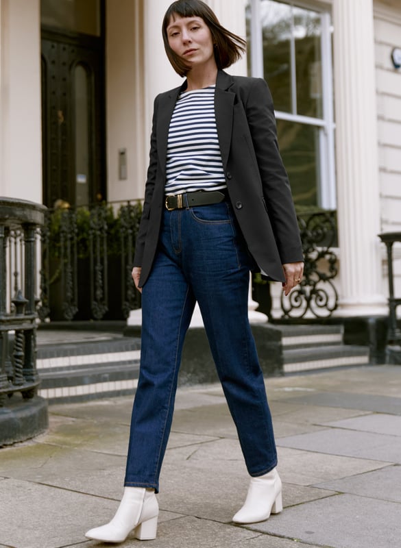 Description\nIf you are looking for a change from skinnies but want to keep to a jean that will work in more formal environments too, this sturdy, non-stretch style with a pleated front, ticks every box.” - Katherine Ormerod\nThe search for simple, straight-leg ankle-grazing jeans ends with Adelaide. The dark indigo wash lends a smart, elegant feel and the fit is equally as considered: fitted through the waist and hips they are topped with a crease down the front of the legs. Note that this style is non-stretchy, and omitting elastane is much kinder to the planet.\n\nCrafted from premium organic cotton\nStraight leg shape\n\nRigid denim texture\n\nSmart staple\n\n\nSustainable Attributes:\n Made in Europe   Natural fibres    Organic Ethically made   Vegan \n\nDetails\n100% Organic CottonMachine Wash - 40°Product code: TR40224-DINInside leg - 67cm (26 3/8)