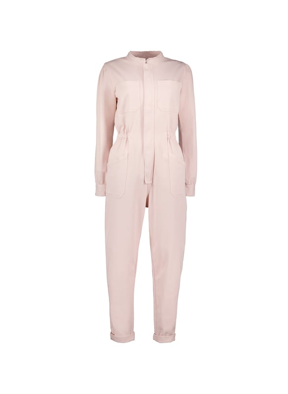 Description\nSally is quite literally a one-piece wonder! A feminine take on a boiler suit, we’ve added a ruffled stand collar and gathering into the shoulders, and for a flattering fit, a tapered leg shape and an elasticated waist. There are so many ways to style it: worn open with a tank and hi-tops, or fully fastened with big hoops and heels. Either way, expect to wear it on repeat.\nI love this. Easy one-piece style Baukjen\n\nCrafted in premium organic cotton\nZip fastening - simply pulls on\nPatch pockets on the chest and hips\nCan be styled with a belt\n\n\nSustainable Attributes:\n Made in Europe Ethically made  Vegan   Natural fibres   Organic \n\nDetails\n97% Organic Cotton, 3% ElastaneMachine Wash - 30°Product code: JS40045-PPKInside leg - 73cm (28 3/4)Sleeve length - 60.5cm (23 7/8)