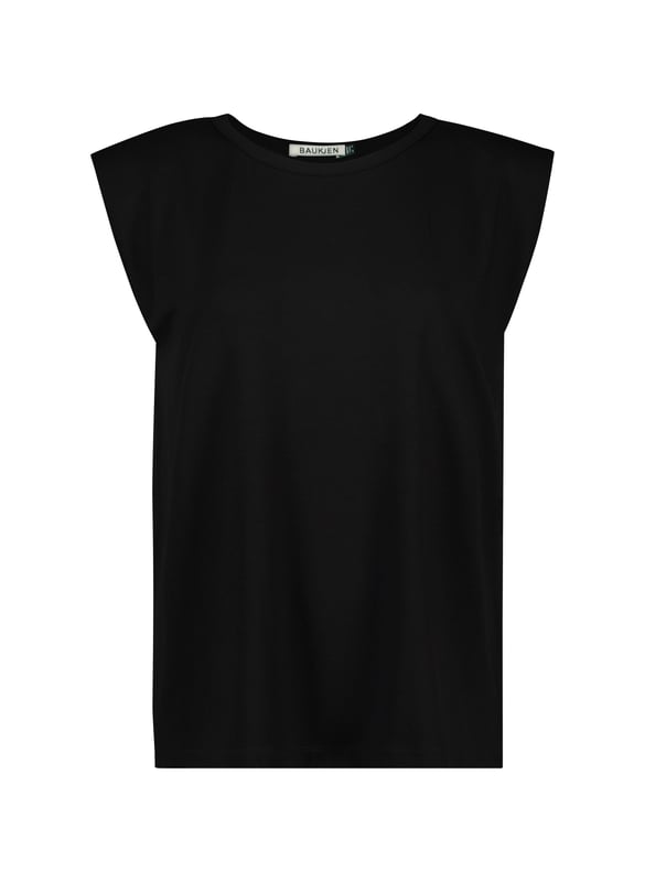 Description\nFits true to size, we suggest ordering your usual size.\nDon’t be fooled into thinking that Alessia is just another sleeveless top; we’ve added subtle shoulder pads to create definition along the shoulders, which also flatters the arms. Cut from our signature soft and stretchy jersey, it drapes across the body and is set to be your secret styling weapon on warm days.\n\nMade in Europe\nCrafted in LENZING™ ECOVERO™ jersey\nRelaxed fit\nWardrobe staple\n\n\nSustainable Attributes:\n  Low Impact   Low Water Use  Ethically made  Vegan   Low Carbon  \n\nDetails\nModel is 5'10 (177cm) and is wearing a UK 1095% LENZING™ ECOVERO™ Viscose, 5% ElastaneDelicate Machine Wash - 30°Product code: TP40774-BLKBack shoulder at neck to hem - 61cm (24)