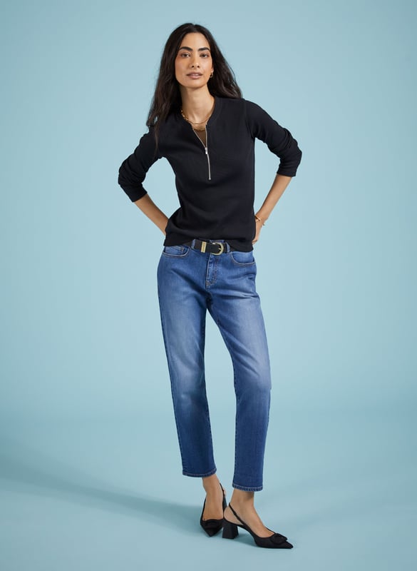 Description\nFits true to size, we suggest ordering your usual size.\nWe’ve tweaked our much-loved organic cotton Boyfriend Jean to incorporate recycled elastane. A small amount is needed for a comfy stretch - but it's a synthetic fibre - so after years of searching, we’re thrilled to have found a lower impact alternative. Expect the same cropped and subtly tapered leg shape with a flattering and feminine fit which has made this style one of our best-sellers.\n\nMade in Europe\nCrafted in premium organic denim that holds its shape\nSubtly tapered leg\nEasy fit around the hip and thigh\nAdded stretch for comfort\n\n\nSustainable Attributes:\n Natural fibres  Organic  Ethically made  Low Carbon    Vegan \n\nDetails\n98% Organic Cotton, 2% ElastaneDelicate Machine Wash - 30° - Wash Inside Out - Wash Light Colours SeparatelyProduct Code: TR512-WSDThis untreated denim will lose some of its colour and shrink when washed. To preserve the look and fit of our denim please wash inside out in cool water. Some dye may transfer onto light coloured fabrics.Inside leg (Rolled) - 68cm (26 ¾”) (Unrolled) - 72cm (28 3/8”