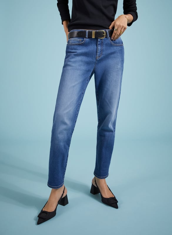 Description\nFits true to size, we suggest ordering your usual size.\nWe’ve tweaked our much-loved organic cotton Boyfriend Jean to incorporate recycled elastane. A small amount is needed for a comfy stretch - but it's a synthetic fibre - so after years of searching, we’re thrilled to have found a lower impact alternative. Expect the same cropped and subtly tapered leg shape with a flattering and feminine fit which has made this style one of our best-sellers.\n\nMade in Europe\nCrafted in premium organic denim that holds its shape\nSubtly tapered leg\nEasy fit around the hip and thigh\nAdded stretch for comfort\n\n\nSustainable Attributes:\n Natural fibres  Organic  Ethically made  Low Carbon    Vegan \n\nDetails\n98% Organic Cotton, 2% ElastaneDelicate Machine Wash - 30° - Wash Inside Out - Wash Light Colours SeparatelyProduct Code: TR512-WSDThis untreated denim will lose some of its colour and shrink when washed. To preserve the look and fit of our denim please wash inside out in cool water. Some dye may transfer onto light coloured fabrics.Inside leg (Rolled) - 68cm (26 ¾”) (Unrolled) - 72cm (28 3/8”
