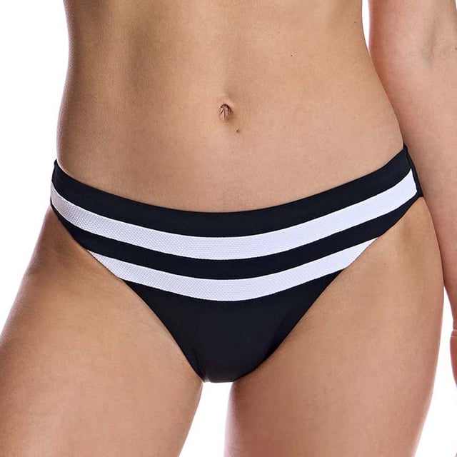 These low-rise women's bikini bottoms feature a modern and comfortable design that flatters the figure with a perfect fit.\n\n Details:\n - Classic low-rise cut.\n - Cutting-edge fabric with high shaping power.\n - Design with horizontal bands.\n - High resistance to chlorine, tanning creams and oils and excellent moisture absorption properties.\n\n All the bikini bottoms of our bikinis fit perfectly to your anatomy, highlighting the virtues of your legs. Our bikini bottoms adapt perfectly to any type of woman.\n\n You don't need to have amazing legs for the bikini bottoms of our high-waisted bikinis to look great on you.\n Composition: Exterior: 73% Polyamide, 27% Elastane; Interior: 78% Polyamide, 22% Elastane.\n Care:\nHand wash.\n Use neutral soap.\n Do not twist or squeeze.\n Air dry.