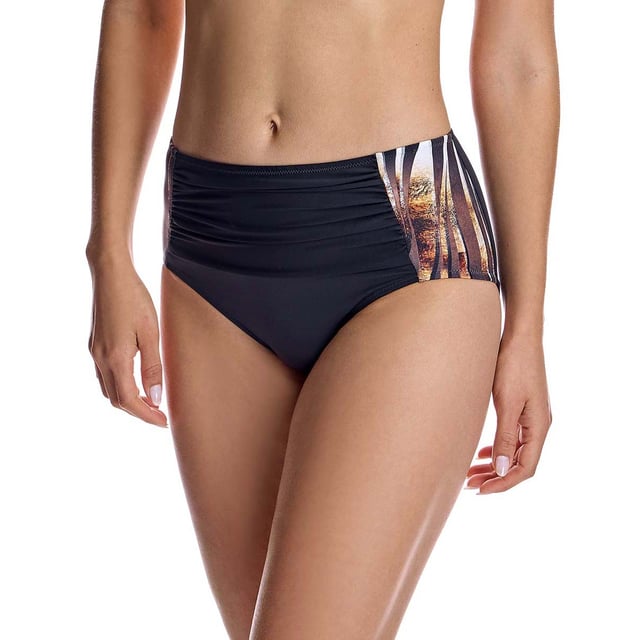 These high-waisted women's bikini bottoms with an elegant print are perfect for those looking for a fun and classic design.\n\n Details:\n - High-rise cut for greater coverage.\n - Cutting-edge fabric with high shaping power.\n - Central gathering that stylizes the figure.\n - Side printed details.\n - High resistance to chlorine, tanning creams and oils and excellent moisture absorption properties.\n\n All the bikini bottoms of our bikinis fit perfectly to your anatomy, highlighting the virtues of your legs. Our bikini bottoms adapt perfectly to any type of woman.\n\n You don't need to have amazing legs for the bikini bottoms of our high-waisted bikinis to look great on you.\n Composition: Exterior: 80% Polyamide, 20% Lycra; Interior: 76% Polyamide, 24% Elastane.\n Care:\nHand wash.\n Use neutral soap.\n Do not twist or squeeze.\n Air dry.