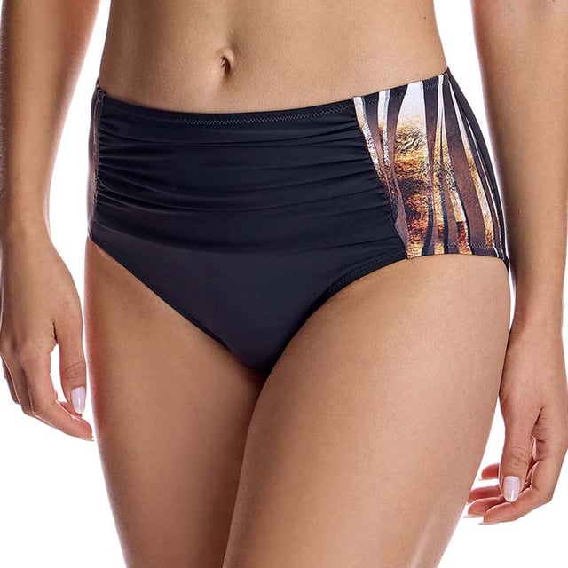 These high-waisted women's bikini bottoms with an elegant print are perfect for those looking for a fun and classic design.\n\n Details:\n - High-rise cut for greater coverage.\n - Cutting-edge fabric with high shaping power.\n - Central gathering that stylizes the figure.\n - Side printed details.\n - High resistance to chlorine, tanning creams and oils and excellent moisture absorption properties.\n\n All the bikini bottoms of our bikinis fit perfectly to your anatomy, highlighting the virtues of your legs. Our bikini bottoms adapt perfectly to any type of woman.\n\n You don't need to have amazing legs for the bikini bottoms of our high-waisted bikinis to look great on you.\n Composition: Exterior: 80% Polyamide, 20% Lycra; Interior: 76% Polyamide, 24% Elastane.\n Care:\nHand wash.\n Use neutral soap.\n Do not twist or squeeze.\n Air dry.