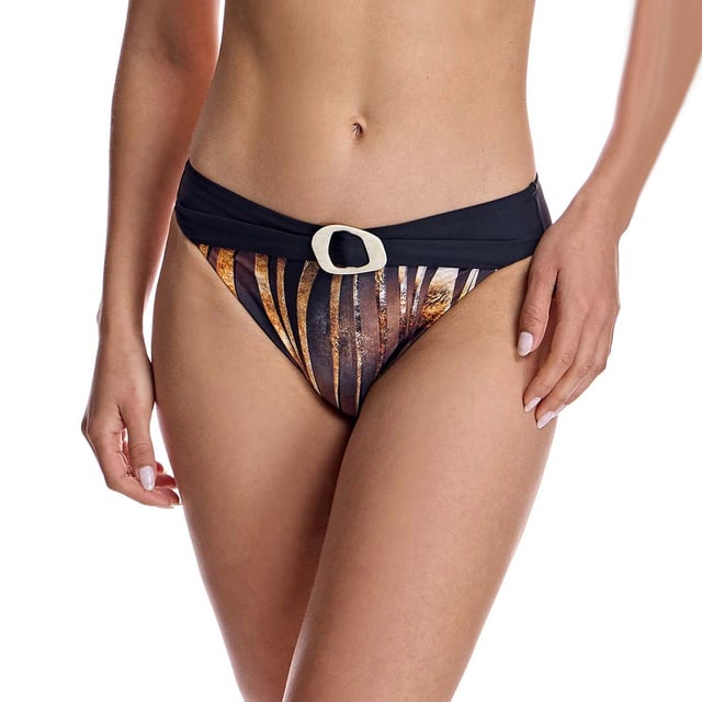 These low-rise women's bikini bottoms feature a modern and comfortable design that flatters the figure with a perfect fit.\n\n Details:\n - Low-rise cut.\n - Cutting-edge fabric with high shaping power.\n - Belt detail with buckle.\n - Painted animal print.\n - High resistance to chlorine, tanning creams and oils and excellent moisture absorption properties.\n\n All the bikini bottoms of our bikinis fit perfectly to your anatomy, highlighting the virtues of your legs. Our bikini bottoms adapt perfectly to any type of woman.\n\n You don't need to have amazing legs for the bikini bottoms of our high-waisted bikinis to look great on you.\n Composition: Exterior: 80% Polyamide, 20% Lycra; Interior: 78% Polyamide, 22% Elastane.\n Care:\nHand wash.\n Use neutral soap.\n Do not twist or squeeze.\n Air dry.