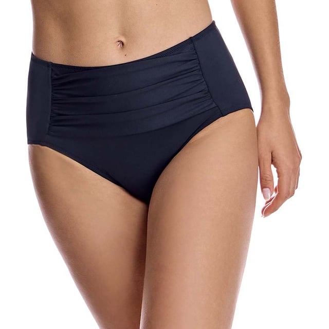 These high-waisted women's bikini bottoms with an elegant print are perfect for those looking for a fun and classic design.\n\n Details:\n - High-rise cut for greater coverage.\n - Cutting-edge fabric with high shaping power.\n - Central gathering that stylizes the figure.\n - High resistance to chlorine, tanning creams and oils and excellent moisture absorption properties.\n\n All the bikini bottoms of our bikinis fit perfectly to your anatomy, highlighting the virtues of your legs. Our bikini bottoms adapt perfectly to any type of woman.\n\n You don't need to have amazing legs for the bikini bottoms of our high-waisted bikinis to look great on you.\n Composition: Exterior: 80% Polyamide, 20% Lycra; Interior: 73% Polyamide, 27% Elastane.\n Care:\nHand wash.\n Use neutral soap.\n Do not twist or squeeze.\n Air dry.