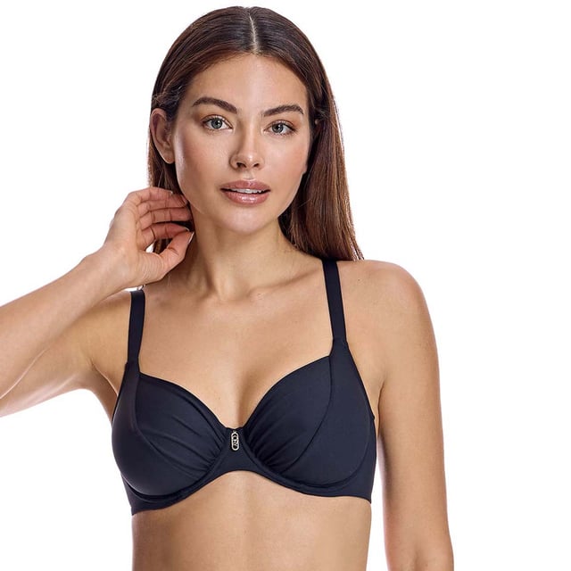 This underwire bikini top is the perfect combination of style and function. Featuring an abstract pattern, it offers a sophisticated and eye-catching look for the beach or pool.\n\n Details:\n - Cups with underwire and reinforced support.\n - Adjustable straps.\n - Gathering at the cups.\n - Quick-drying and chlorine-resistant material.\n - Secure rear closure.\n\n There is no doubt that bikinis are one of the most popular swimwear items among women. Among bikinis, the bikini top plays a fundamental role in making you look and feel beautiful. We work on models that make you feel elegant and beautiful at the same time, avoiding any kind of vulgarity.\n\n Our bikini tops adapt perfectly to any type and size of breast without exception.\n Composition: Exterior: 80% Polyamide, 20% Lycra; Interior: 70% Polyamide, 30% Elastomer, 10% Elastane\n Care:\nHand wash.\n Use neutral soap.\n Do not twist or squeeze.\n Air dry.