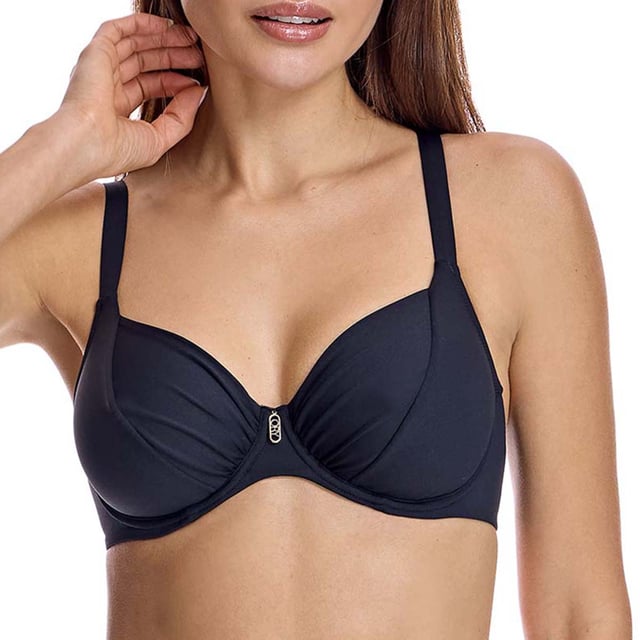 This underwire bikini top is the perfect combination of style and function. Featuring an abstract pattern, it offers a sophisticated and eye-catching look for the beach or pool.\n\n Details:\n - Cups with underwire and reinforced support.\n - Adjustable straps.\n - Gathering at the cups.\n - Quick-drying and chlorine-resistant material.\n - Secure rear closure.\n\n There is no doubt that bikinis are one of the most popular swimwear items among women. Among bikinis, the bikini top plays a fundamental role in making you look and feel beautiful. We work on models that make you feel elegant and beautiful at the same time, avoiding any kind of vulgarity.\n\n Our bikini tops adapt perfectly to any type and size of breast without exception.\n Composition: Exterior: 80% Polyamide, 20% Lycra; Interior: 70% Polyamide, 30% Elastomer, 10% Elastane\n Care:\nHand wash.\n Use neutral soap.\n Do not twist or squeeze.\n Air dry.
