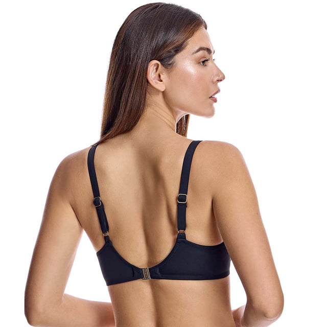 This underwire bikini top is the perfect combination of style and function. Featuring an abstract pattern, it offers a sophisticated and eye-catching look for the beach or pool.\n\n Details:\n - Cups with underwire and reinforced support.\n - Adjustable straps.\n - Gathering at the cups.\n - Quick-drying and chlorine-resistant material.\n - Secure rear closure.\n\n There is no doubt that bikinis are one of the most popular swimwear items among women. Among bikinis, the bikini top plays a fundamental role in making you look and feel beautiful. We work on models that make you feel elegant and beautiful at the same time, avoiding any kind of vulgarity.\n\n Our bikini tops adapt perfectly to any type and size of breast without exception.\n Composition: Exterior: 80% Polyamide, 20% Lycra; Interior: 70% Polyamide, 30% Elastomer, 10% Elastane\n Care:\nHand wash.\n Use neutral soap.\n Do not twist or squeeze.\n Air dry.