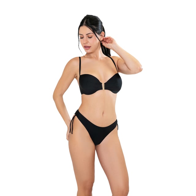 This women's bikini set is an ideal choice for those looking for a summer look that combines comfort and style. With its modern design and carefully crafted details, this women's swimsuit is perfect for highlighting your figure while enjoying a day of sun and sea.\n\n Details:\n\n Top:\n - Balconette design.\n - Adjustable straps.\n - Underwire cups.\n - Foam cups.\n - Central detail.\n - Metal clip closure.\n - Quick-drying and chlorine-resistant material.\n\n Bikini bottom:\n - High-waisted bikini cut.\n - Adjustable side ties.\n - Cutting-edge shaping fabric.\n\n We can safely say that the balconette bikini sets for women will offer you everything you are looking for to enjoy the summer.\n\n Our two-piece swimsuits for women adapt perfectly to any type and size of breast without exception.\n Composition: Exterior: 84% Polyamide, 16% Elastane; Interior: 92% Polyester, 8% Elastane; Cup: 100% Elastane\n Care:\nHand wash.\n Use neutral soap.\n Do not twist or squeeze.\n Air dry.