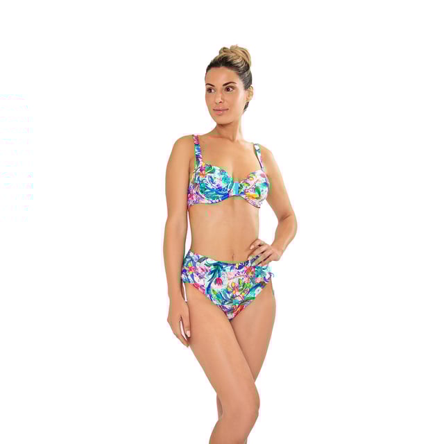 This women's bikini set is an ideal choice for those looking for a summer look that combines comfort and style. With its modern design and carefully crafted details, this women's swimsuit is perfect for highlighting your figure while enjoying a day of sun and sea.\n\n Details:\n\n Top:\n - Adjustable straps.\n - Underwire cups.\n - Central detail.\n - Metal clip closure.\n - Quick-drying and chlorine-resistant material.\n\n Bikini bottom:\n - High-waisted cut.\n - Adjustable side laces.\n - Cutting-edge shaping fabric.\n\n We can safely say that women's bikini sets will offer you everything you are looking for to enjoy the summer.\n\n Our two-piece swimsuits for women adapt perfectly to any type and size of breast without exception.\n Composition: Exterior: 82% Polyamide, 18% Elastane; Interior 1: 92% Polyester, 8% Elastane; Interior 2: 73% Polyamide, 27% Elastane; Interior 3: 90% Polyester, 10% Elastane\n Care:\nHand wash.\n Use neutral soap.\n Do not twist or squeeze.\n Air dry.