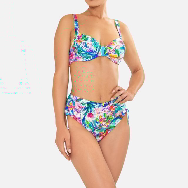 This women's bikini set is an ideal choice for those looking for a summer look that combines comfort and style. With its modern design and carefully crafted details, this women's swimsuit is perfect for highlighting your figure while enjoying a day of sun and sea.\n\n Details:\n\n Top:\n - Adjustable straps.\n - Underwire cups.\n - Central detail.\n - Metal clip closure.\n - Quick-drying and chlorine-resistant material.\n\n Bikini bottom:\n - High-waisted cut.\n - Adjustable side laces.\n - Cutting-edge shaping fabric.\n\n We can safely say that women's bikini sets will offer you everything you are looking for to enjoy the summer.\n\n Our two-piece swimsuits for women adapt perfectly to any type and size of breast without exception.\n Composition: Exterior: 82% Polyamide, 18% Elastane; Interior 1: 92% Polyester, 8% Elastane; Interior 2: 73% Polyamide, 27% Elastane; Interior 3: 90% Polyester, 10% Elastane\n Care:\nHand wash.\n Use neutral soap.\n Do not twist or squeeze.\n Air dry.