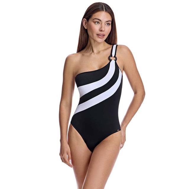 Este traje de baño de una pieza mujer combina elegancia y comodidad con un diseño estilizador que favorece la silueta. Sus materiales de alta calidad y detalles cuidadosamente elaborados lo convierten en un bañador mujer ideal para lucir sofisticada en la playa o la piscina.\n\nDetalles:\n- Diseño asimétrico con tirante ancho.\n- Estampado asimétrico de líneas fluidas.\n- Copas extraíbles.\n- Espalda con diseño sencillo y cómodo.\n- Material de secado rápido y resistente al cloro.\n- Cobertura y soporte óptimos.\n\nPodemos afirmar con seguridad que los bañadores mujer de una sola pieza te ofrecerán todo aquello que buscas. Si estás interesada en adquirir una pieza elegante y práctica que te permitirá nadar en cualquier época y momento del año, los bañadores mujer pico son para ti. \n\nNuestros trajes de baño de una pieza mujer se adaptan a la perfección a cualquier tipo y tamaño de pecho sin excepción.\n Composición: Exterior: 76% Poliamida, 24% Elastano; Interior: 76% Poliamida, 21% Elastano 3% Poliéster; Copa: 100% Poliéster\n Cuidados:\nLavar a mano.\nUsar jabón neutro.\nNo retorcer ni exprimir.\nSecar al aire libre.