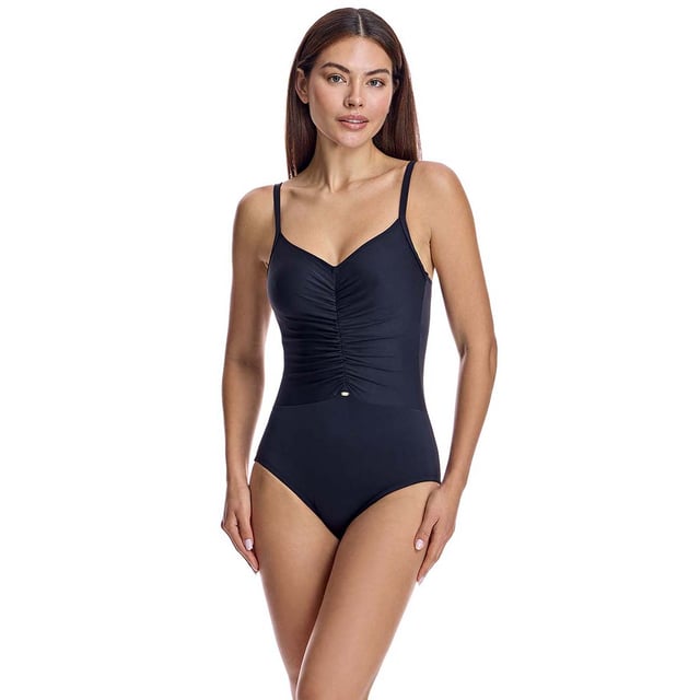 This one-piece swimsuit for women combines elegance and comfort with a slimming design that flatters the silhouette. Its high-quality materials and carefully crafted details make it an ideal women's swimsuit for looking sophisticated on the beach or pool.\n\n Details:\n - V-neckline.\n - Adjustable straps.\n - Gathered at the top.\n - Abdominal control.\n - Foam cups.\n - Low U-shaped back.\n - Quick-drying and chlorine-resistant material.\n - Optimal coverage and support.\n\n We can safely say that women's one-piece swimsuits will offer you everything you are looking for. If you are interested in purchasing a stylish and practical piece that will allow you to swim at any time of the year, women's pico swimsuits are for you.\n\n Our one-piece swimsuits for women adapt perfectly to any type and size of breast without exception.\n Composition: Exterior: 80% Polyamide, 20% Lycra; Interior: 73% Polyamide, 27% Elastane; Cup: 100% Polyester\n Care:\nHand wash.\n Use neutral soap.\n Do not twist or squeeze.\n Air dry.