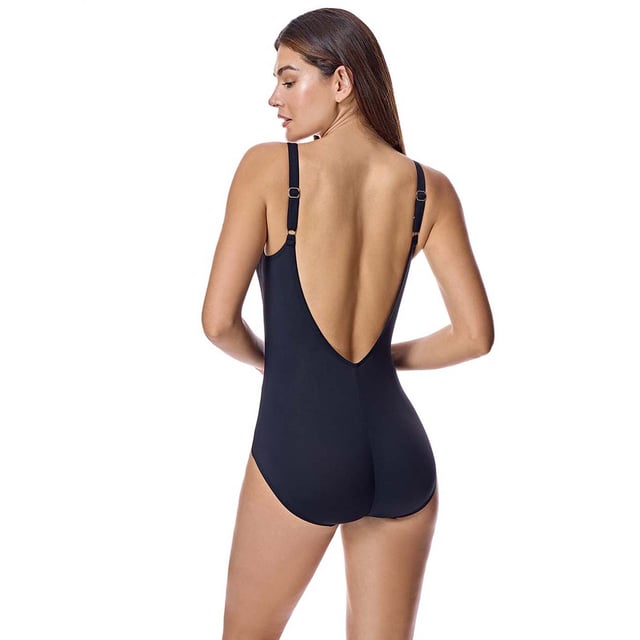 This one-piece swimsuit for women combines elegance and comfort with a slimming design that flatters the silhouette. Its high-quality materials and carefully crafted details make it an ideal women's swimsuit for looking sophisticated on the beach or pool.\n\n Details:\n\n - Deep V-neckline that enhances the silhouette.\n - Adjustable straps.\n - Central gathered detail.\n - Low back with V-cut.\n - Quick-drying and chlorine-resistant material.\n - Optimal coverage and support.\n\n We can safely say that women's one-piece swimsuits will offer you everything you are looking for. If you are interested in purchasing a stylish and practical piece that will allow you to swim at any time of the year, women's pico swimsuits are for you.\n\n Our one-piece swimsuits for women adapt perfectly to any type and size of breast without exception.\n Composition: Exterior: 80% Polyamide, 20% Lycra; Interior: 73% Polyamide, 27% Elastane\n Care:\nHand wash.\n Use neutral soap.\n Do not twist or squeeze.\n Air dry.