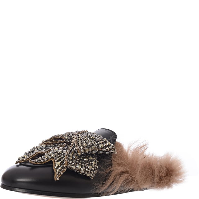 Gucci Womens Princetown Shearling Lined Embellished Leather Slippers In Black