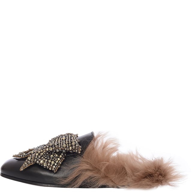 Gucci Womens Princetown Shearling Lined Embellished Leather Slippers In Black