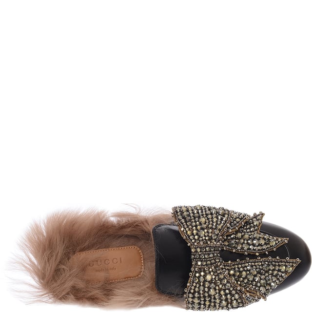 Gucci Womens Princetown Shearling Lined Embellished Leather Slippers In Black