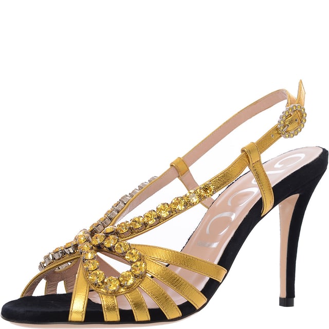 Gucci Womens Crystal Embellished Metallic Leather Heels In Gold
