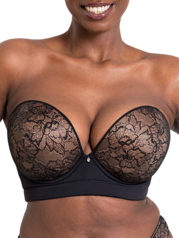 Curvy Kate SuperPlunge Strapless Bra. Multiway strapless bra with an ultra low plunge, inner side sling, cushioned longline band, moulded foam lined cups, multiway straps and lace details. The product is recommended for hand wash only.
