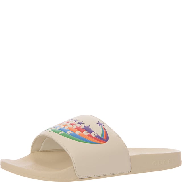 Gucci Womens Pursuit Logo Embossed Leather Slides In White
