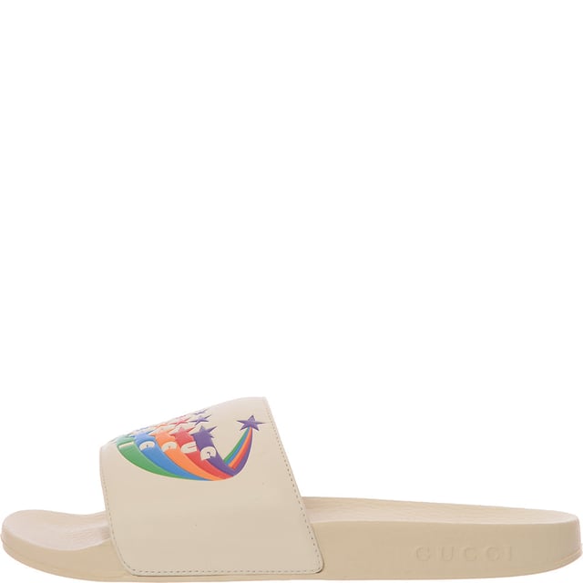 Gucci Womens Pursuit Logo Embossed Leather Slides In White