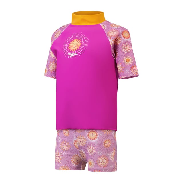 Radiate sunny positivity with our Water Explorers range. Featuring a collection of beaming sun characters this Short Sleeve Rash Top Set appeals to your little one’s sense of fun and includes a matching top andshorts. The pull-on rash top provides coverage for their shoulders  tummy and back and includes UVprotective fabric of UPF40+ for sun protection in and out of the water. Soft and stretchy  it’s made fromEndurance10 fabric  which contains CREORA® HighClo™ for a fit that stays like new for longerFeatures• Pull-on sun top - provides sun protection for the shoulders and tummy• Sold as a set with matching short• Higher chlorine resistance than standard swimwear fabrics - fits like new for longer with CREORA®HighClo™• Shape Retention - fabric stretches so you can enjoy your swim without feeling restricted