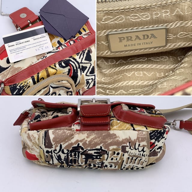 Empfohlener Verkaufspreis
Erleben Sie die perfekte Balance aus modernem Stil und funktionalem Design mit der PRADA Tessuto- und Leder-Schultertasche mit Schnalle und wunderschönem „Venice“-Print. Die „Venice Watercolor“-Kollektion von Prada ist eine unverwechselbare Linie, die mit ihrem künstlerischen Design die Essenz Venedigs einfängt. Diese Tasche mit ihrem modernen, kantigen Look besteht aus beige-rotem „Tessuto“-Nylon-Canvas, wunderschön kombiniert mit roten Lederakzenten, die einen raffinierten und zugleich markanten Look verleihen. Die obere Klappe, gesichert durch einen stilvollen Riemen mit Schnallendetail, verleiht einen Hauch robuster Eleganz, während der Magnetknopfverschluss Ihre Wertsachen sicher verstaut. Mit zwei Reißverschlusstaschen vorne für einfachen Zugriff auf kleinere Utensilien verbindet die Tasche Funktionalität mit High Fashion. Im Inneren präsentiert sich das charakteristische PRADA-Futter und eine seitliche Reißverschlusstasche für zusätzliche Ordnung. Das ikonische PRADA-Dreieckslogo an der Seite und das „PRADA – Made in Italy“-Etikett im Inneren erinnern an die Tradition der Marke für Luxus und hochwertige Handwerkskunst. Ein verstellbarer Schultergurt ermöglicht eine individuelle Passform und macht diese Tasche so vielseitig wie stilvoll. Ob Sie einen lässigen Tagesausflug oder eine schicke Abendveranstaltung planen, die PRADA Tessuto Venice Buckle Shoulder Bag bietet die perfekte Mischung aus Stil und Eleganz. Zustandsbewertung: A - AUSGEZEICHNET. Zustandsdetails: Wenig getragen. Bitte prüfen Sie sorgfältig und fragen Sie nach, wenn Sie weitere Details benötigen oder Fragen haben. Maße (cm): Tiefe: 6,4 Höhe: 14,0 Länge: 24,1 Weitere Details: Staubbeutel? Nein Schlüssel? Nein Box? Nein Maße: Breite: 64 mm Länge: 241 mm Höhe: 140 mm