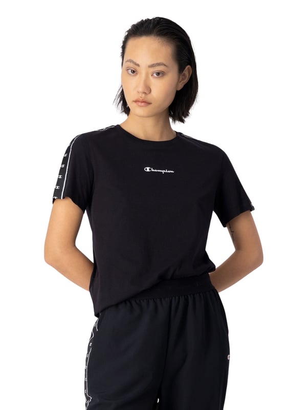 Glamoureus en vrouwelijk met een sportieve toets: kort T-shirt met ronde hals en jacquard-logo band van lichte katoen jersey.