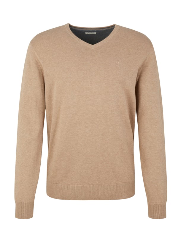 Unifarbener Casual-Pullover mit V-Ausschnitt, langen Ärmeln und Logo-Stickerei aus feiner Strickqualität.
