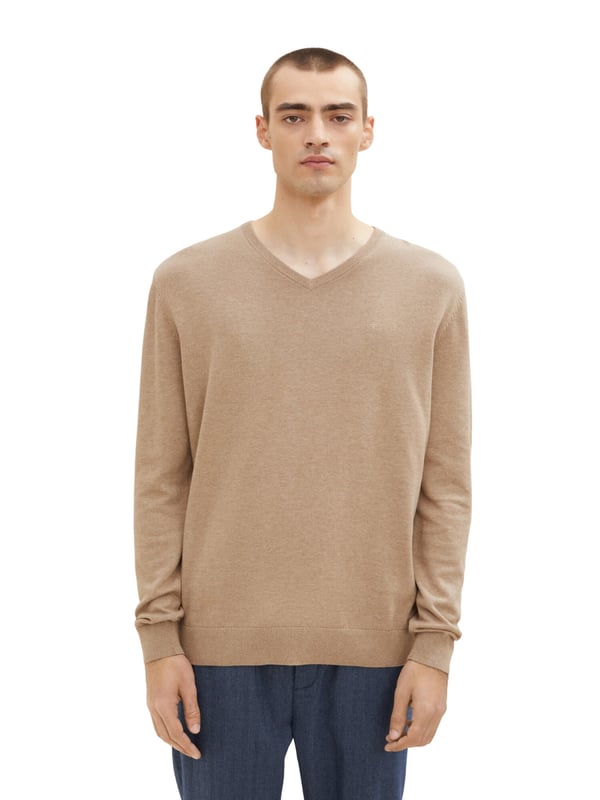 Unifarbener Casual-Pullover mit V-Ausschnitt, langen Ärmeln und Logo-Stickerei aus feiner Strickqualität.