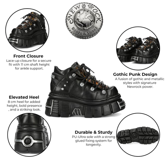 New Rock M-106N-C86 Zwarte Vlammen Leren Gothic Enkel Plateau Laarzen Ontketen een vurige attitude met de New Rock M-106N-C86 enkellaarsjes uit de Metallic Collection. Deze op maat gemaakte laarzen combineren gothic en punk esthetiek met de kenmerkende metallic kracht van New Rock en zijn voorzien van opvallende vlamaccenten op echt rundleer. De hoge platformzool, gecombineerd met een hak van 8 cm en een platform van 6 cm, zorgt voor een dramatische hoogte en een krachtige uitstraling. Met de klassieke vetersluiting en een compacte schacht van 10 cm is deze unisex stijl gemaakt voor onverschrokken expressie. Belangrijkste kenmerken: Materiaal (buitenkant): Rundleer Materiaal (binnenkant): Synthetisch Hakhoogte: 8 cm Platformhoogte: 6 cm Zoolmateriaal: PU Ultra Sluiting: Veters (koord) Schachthoogte: 10 cm Stijl: Gothic, Heavy, Punk, Rock Ontwerp: Unisex (geschikt voor alle geslachten)