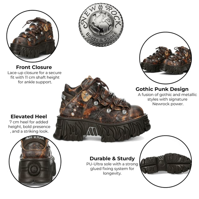 Aardse tinten ontmoeten een gothic randje in de New Rock M-106-C194 laarzen uit de Metallic Collectie. Deze enkellaarsjes zijn gemaakt van rijk bruin rundleer met een premium kalfsleren voering en combineren een punk-geïnspireerd design met de klassieke duurzaamheid van New Rock. Een platte, dikke zool met een hak van 7 cm en een plateau van 4 cm zorgt voor extra hoogte zonder in te leveren op comfort. Afgewerkt met een vetersluiting en robuuste details is deze unisex stijl perfect voor wie van gedurfde, alternatieve mode houdt. Belangrijkste kenmerken: Materiaal (buitenkant): Rundleer Materiaal (binnenkant): Kalfsleer Hakhoogte: 7 cm Plateauhoogte: 4 cm Zoolmateriaal: PU Ultra Sluiting: Veters (koord) Schachthoogte: 10 cm Stijl: Gothic, Heavy, Punk, Rock Ontwerp: Unisex (geschikt voor alle geslachten)