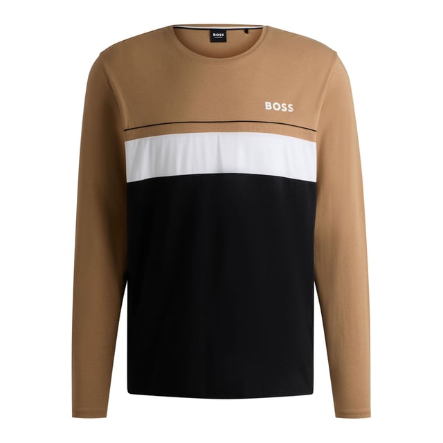 Men's Boss Long Sleeved Logo Print Pyjama T-Shirt. Pajama top from the BOSS collection. Model made of cotton knit fabric.- Classic round neckline.- Long sleeves.- Decorative seams.- Logo patch on the front.- Fine, elastic knit.- Heatseal Logo.- Contrast piping and inserts. Material: 55% Cotton, 37% Modal, 8% Elastane. Ref: 50527337001.