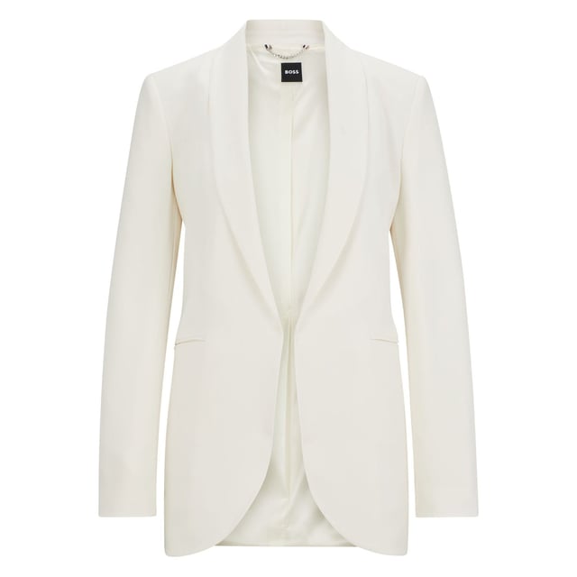 Women's Boss Jirea Regular-Fit Blazer. A fully lined jacket by BOSS Womenswear, tailored to a regular fit in matte fabric with an edge-to-edge front. For our BETTER BOSS products, we always use at least 60% better raw materials. This product is made with cellulose fibres, derived from natural raw wood material and sourced from responsibly managed forests. We cooperate with external organisations to ensure respectful treatment of virgin and endangered forests. Ref: 50512808118.