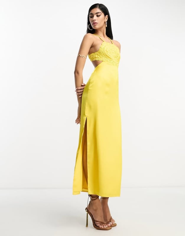 knee length dresses for ladies Rent ASOS DESIGN Cami Midi Slip Dress In High Shine Satin With Lace Up Back  In Black