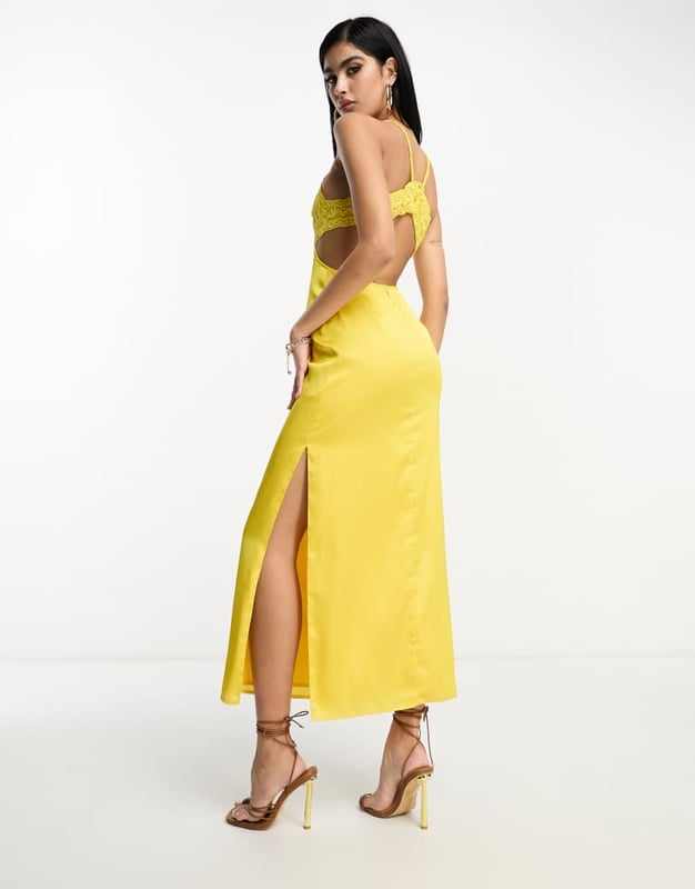 knee length dresses for ladies Rent ASOS DESIGN Cami Midi Slip Dress In High Shine Satin With Lace Up Back  In Black