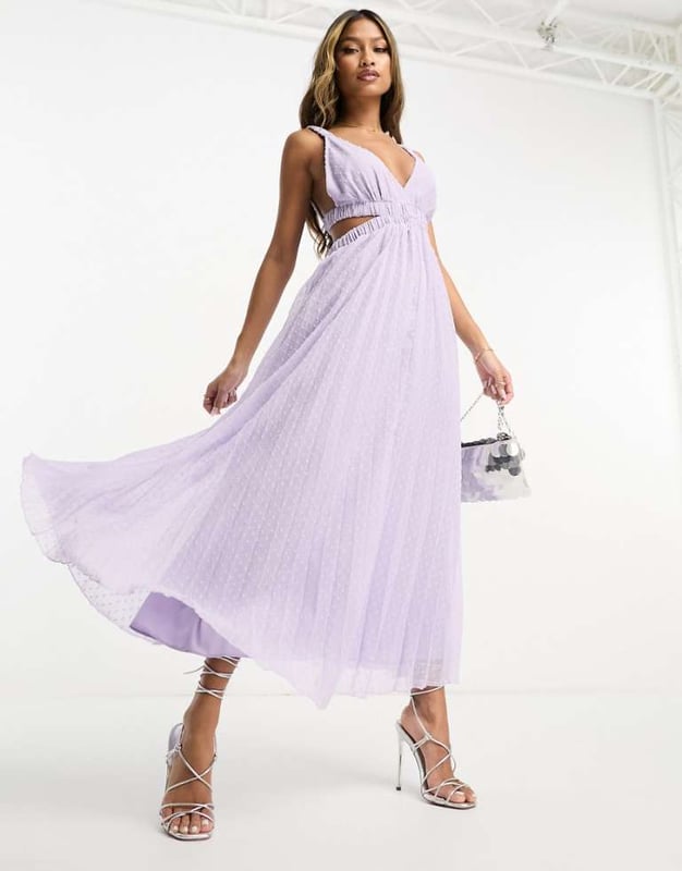 ASOS DESIGN pleat plunge neck midi dress with elasticated straps and back  in lilac-Purple