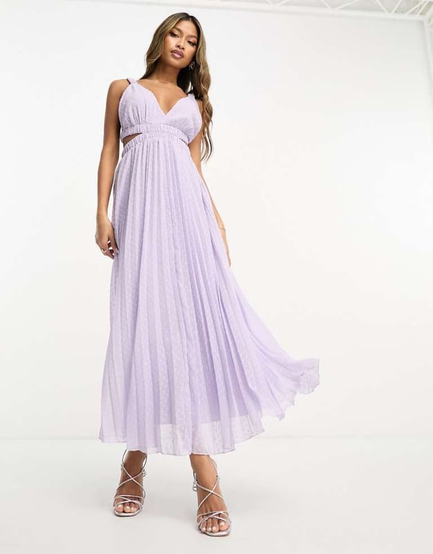 ASOS DESIGN pleat plunge neck midi dress with elasticated straps and back  in lilac-Purple