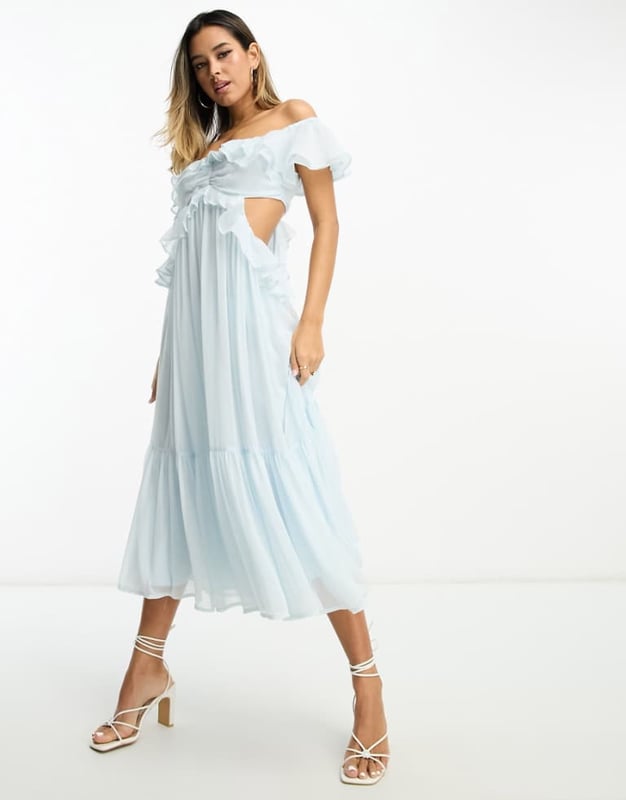 princess polly baby blue dress ASOS DESIGN ruffle cut out off the shoulder midi dress in soft blue