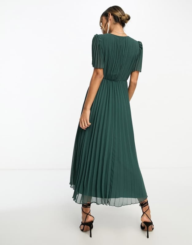 ASOS DESIGN pleated bodice flutter sleeve pleat midi dress in pine green