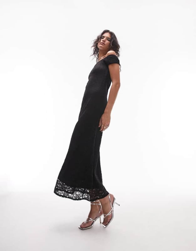 Topshop bardot lace maxi dress in black