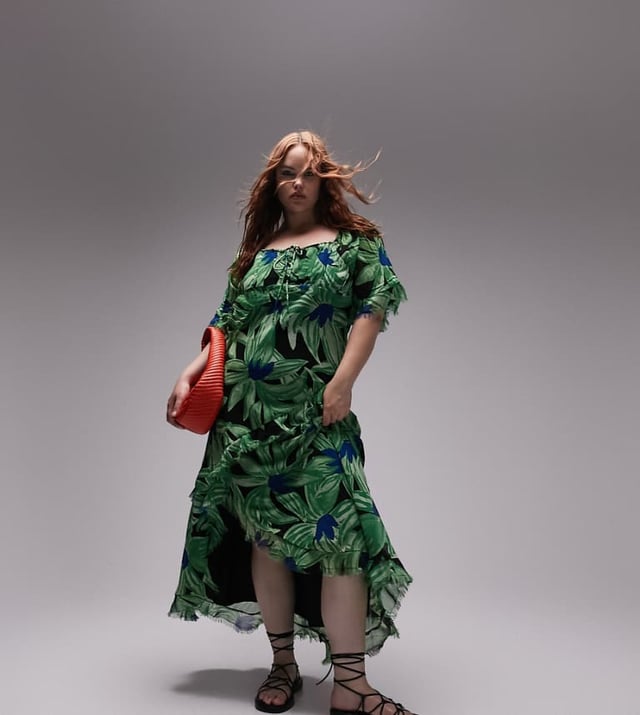 Topshop Curve lace up back occasion midi dress with raw seams in green  floral print